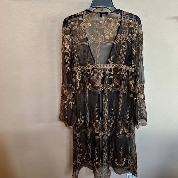 Haute Monde Cinched Waist Kimono Topper Medium Blk Copper Embroidered Whimsigoth - Picture 6 of 11